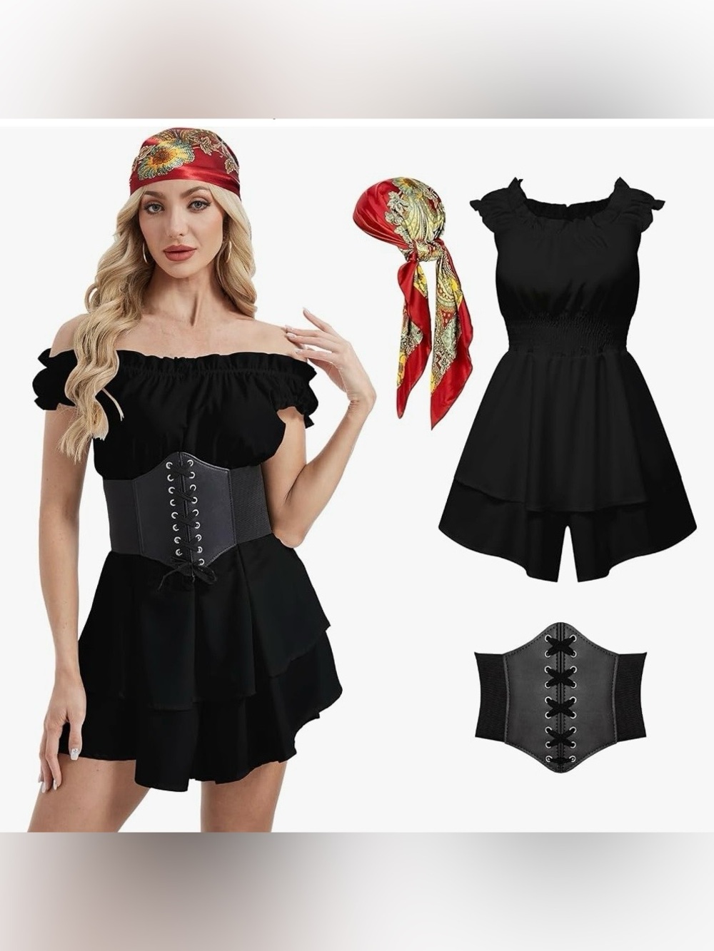 Women Off-Shoulder Black Ruffled Skort Romper Pirate Costume Halloween S